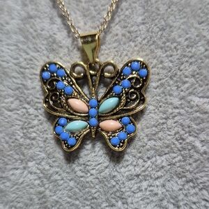 Gold and Blue Filigree Butterfly Necklace
